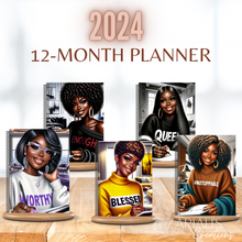 Load image into Gallery viewer, Embrace 2024 with Confidence:  Our Handmade 2024 Coil-Bound Planner goes beyond traditional planning tools. It&#39;s a daily companion that uplifts, motivates, and celebrates your unique journey. With its AI-generated cover artwork with an affirmative word, that&#39;s a reminder that every day is an opportunity for growth, positivity, and accomplishment.  Choose from Blessed, Enough, Unstoppable, Queen, or Worthy as your affirmative word.
